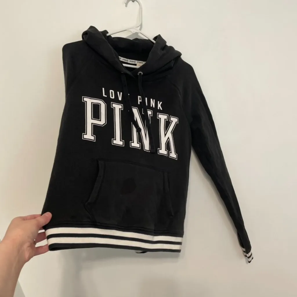VS PINK VICTORIA'S SECRET Perfect Pullover Black White Logo Hoodie Sweatshirt M - Image 9