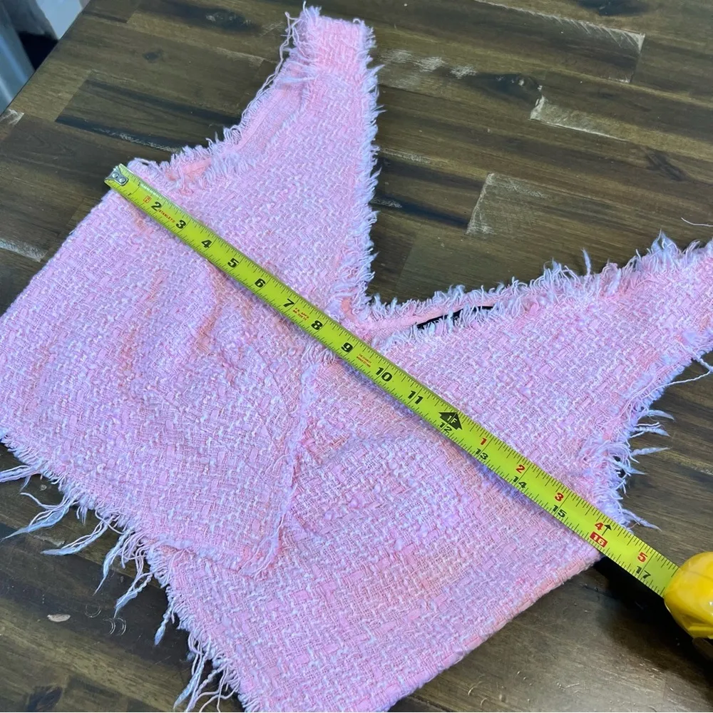 Zara Pink Tweed Top Tank Crop Cropped Fringe S - Image 7