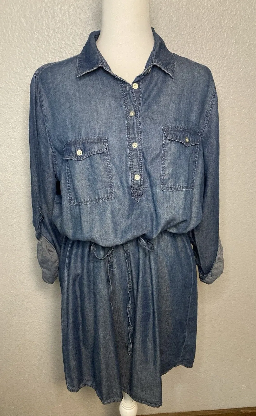 Gloria Vanderbilt Dress M Denim Short Mini Chambray Roll Tab Sleeve Drawstring - Image 1
