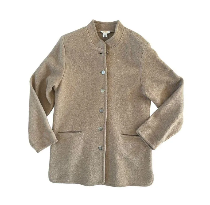 Vintage  Long Mid Length Wool Jacket Tan Mandarin Collar Buttons L Preppy - Image 7