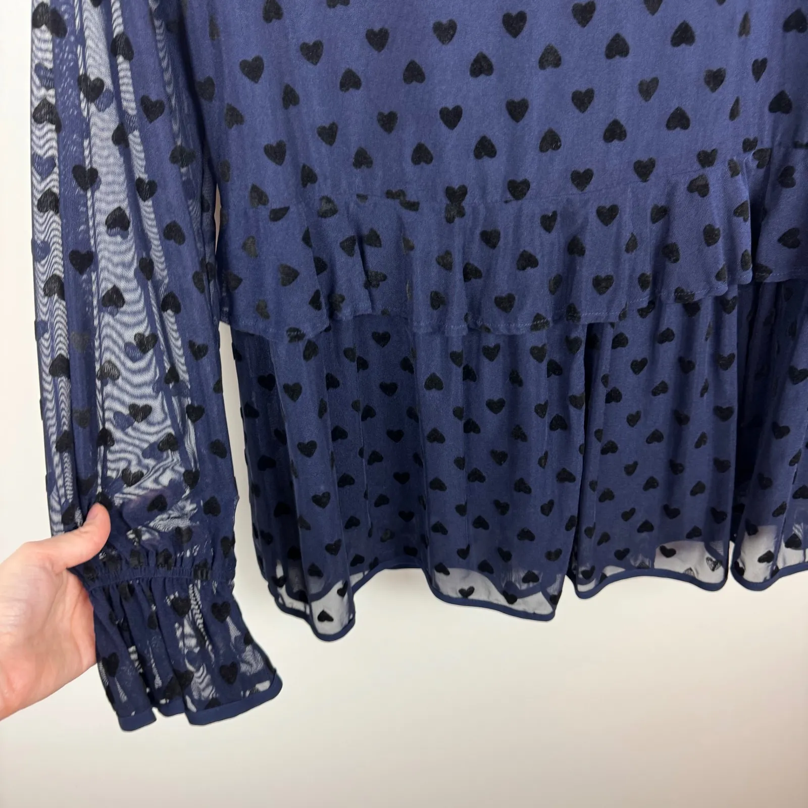 Entro Womens Velvet Heart Top Sz M Blue Sheer Long Sleeve‎ Tiered Dark Romantic - Image 5