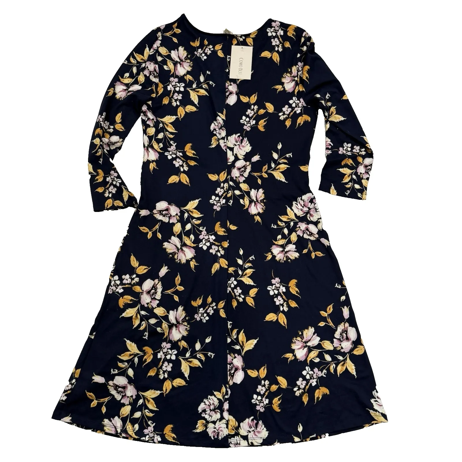 New Blue Floral Dress Women M 8 10 V Neck Fit Flare A Line 3/4 Length Sleeve Size M - Image 5
