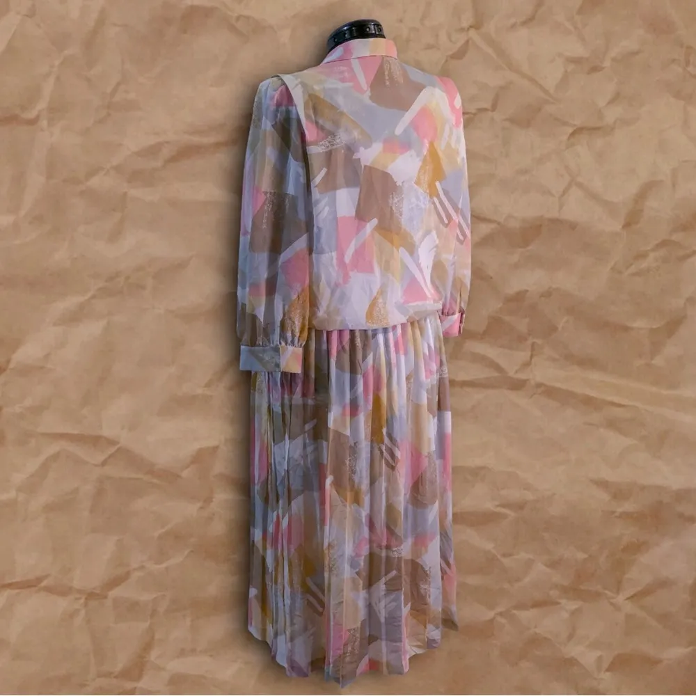 Vintage Leslie Fay White Pink Multicolor Abstract Print Collared Midi Dress - Image 12