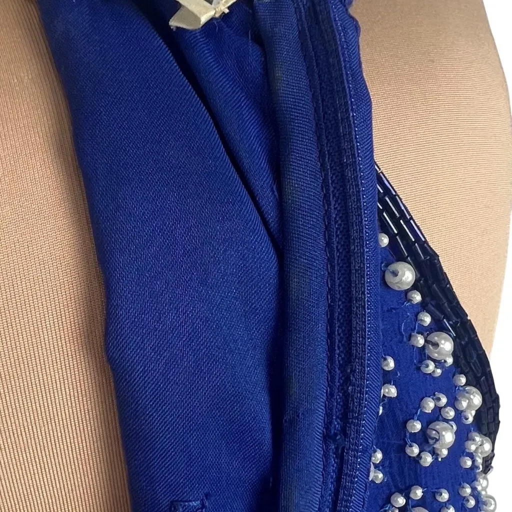 VTG 90s Ibiza Silk Hand Beaded Halter Neck Column Gown S Maxi Dress Royal Blue - Image 7