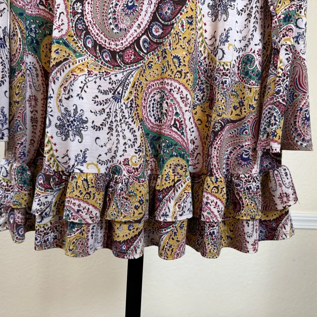 Paisley Boho Ruffle Hem Tunic Top Long Sleeve Flowy Multicolor Dressy Casual Yellow - Image 7
