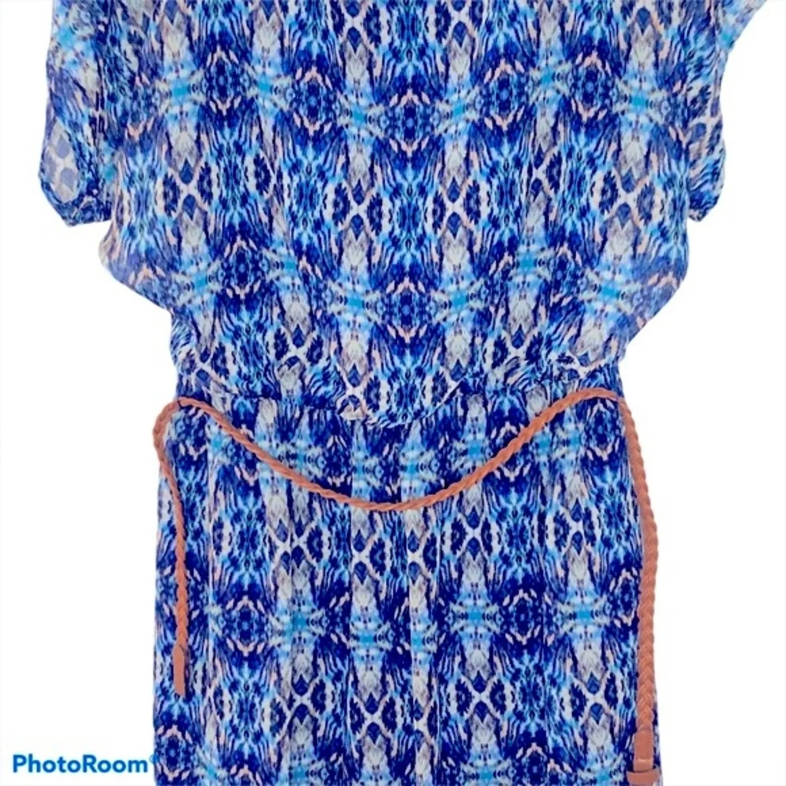 Cato Caged Back Belted Midi Blouson Dress Medium Blue Tan Cream Pattern - Image 6