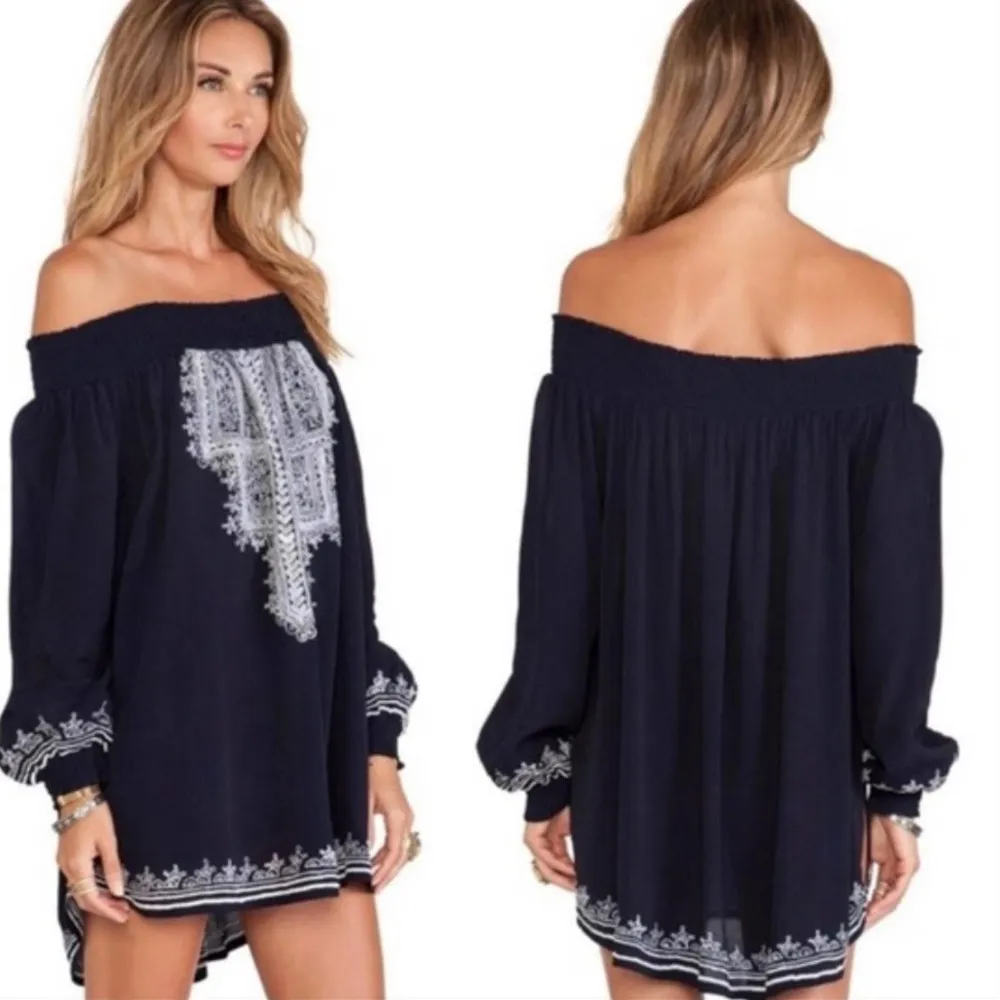 Tularosa Revolve Jacqueline Navy Embroidered Off Shoulder Tunic Mini Dress XS - Image 14