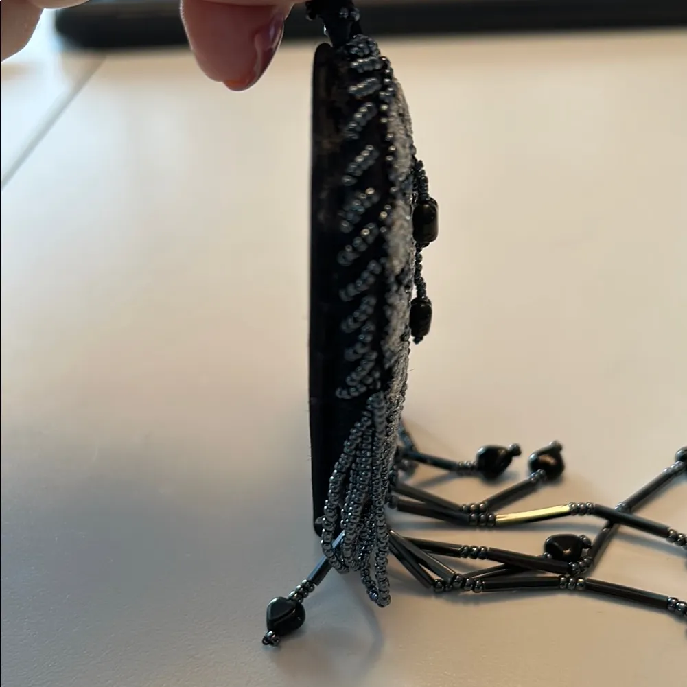 Vintage Handmade Black Heart Necklace silver embroidery and heart beads - Image 9