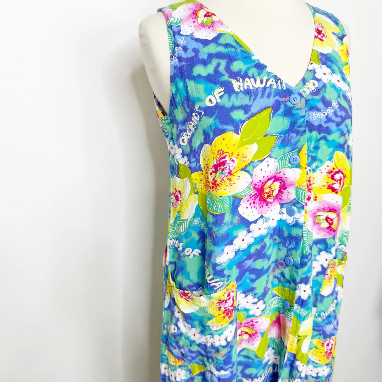 Vintage Jams World Women's Orchids of Hawaii Sleeveless Button Front Dress S - Image 2