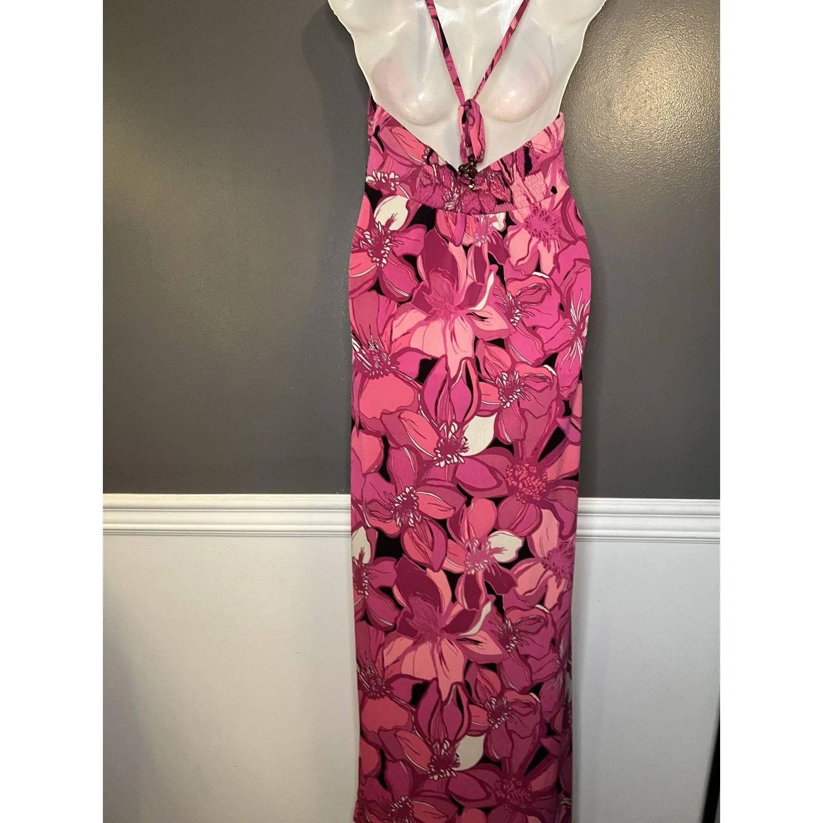 ELLE Dress Womens Medium Pink Floral Halter Maxi Jersey Sundress Casual Summer - Image 8