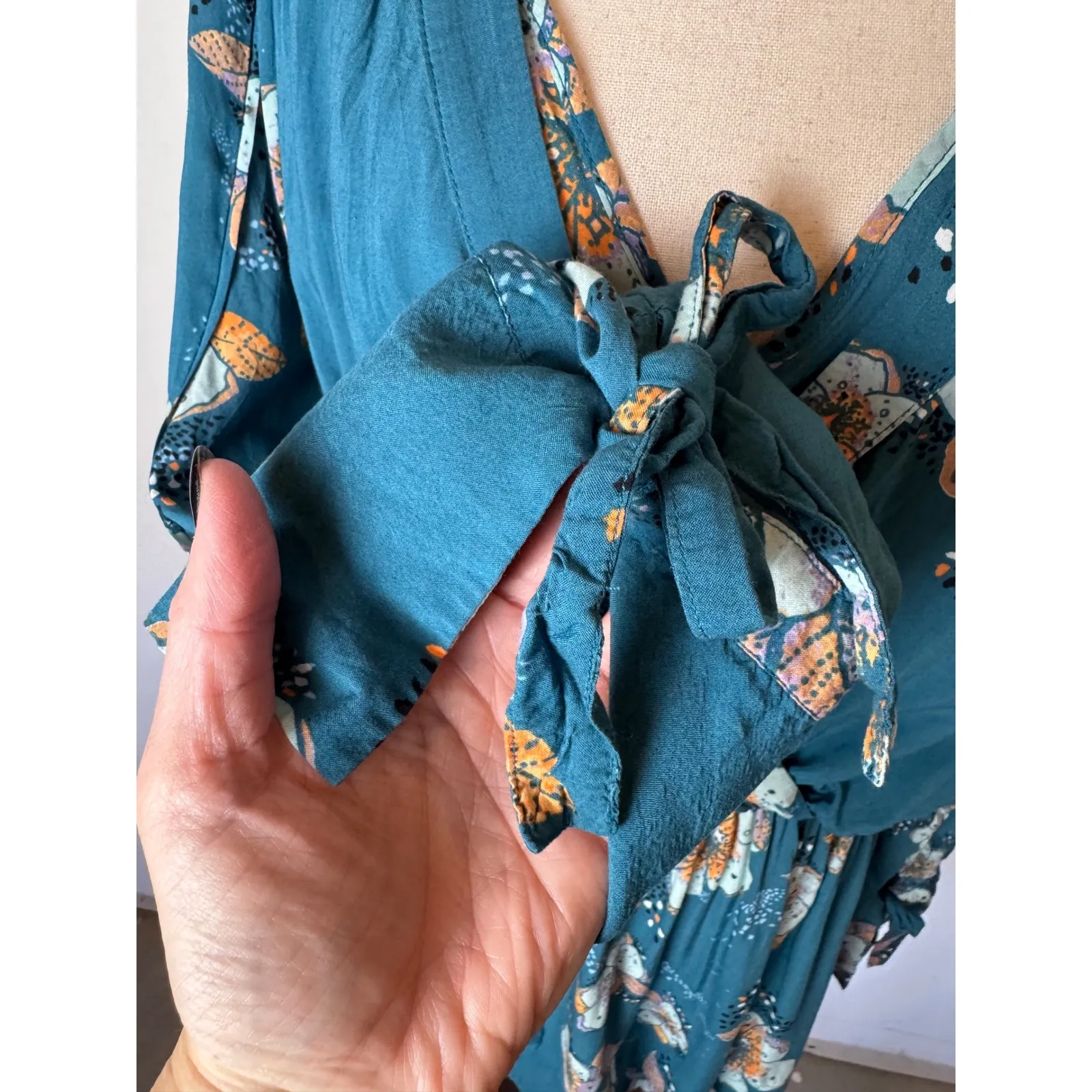 Free People Shirt Women Large Blue Turquoise Tuscan Dreams Floral Tunic Top Boho - Image 10