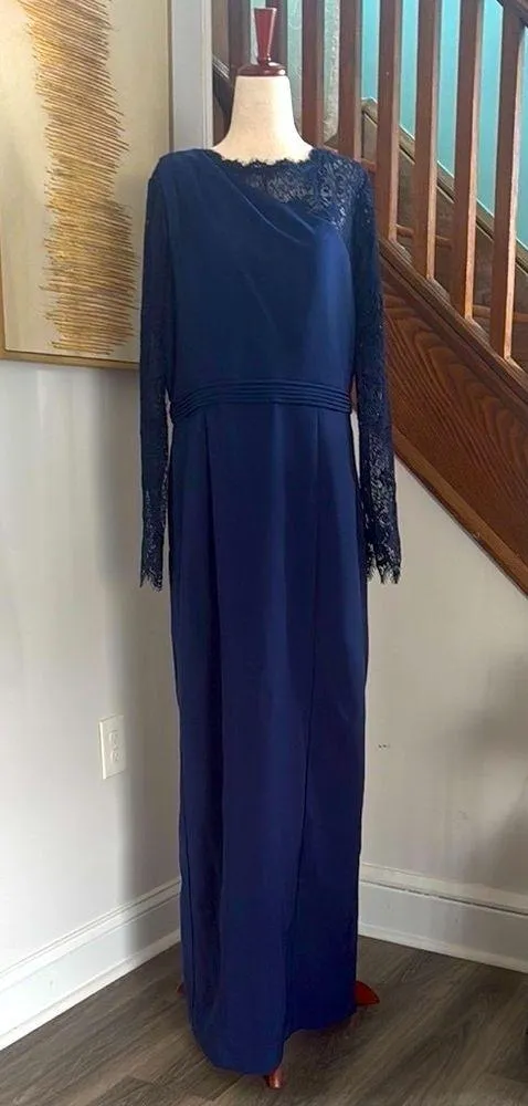 JS collection Elegant Navy Blue Lace Sleeve Maxi 14 Evening Formal Dress - Image 3