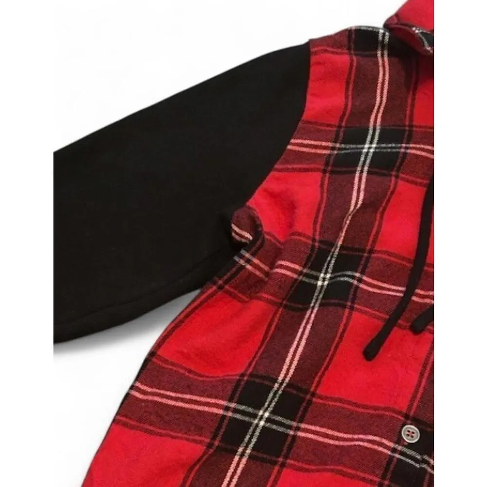 Plaid Flannel Shirt Jacket XS Sherpa Hood Red Cabin‎ Core Cozy Grunge Y2K Skater - Image 11