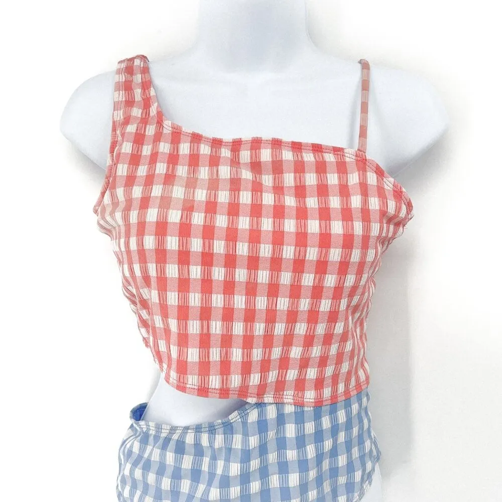 Gingham Plaid Check Cutout One Piece Bikini Swimsuit Bathing Suit Blue Pink - Image 2