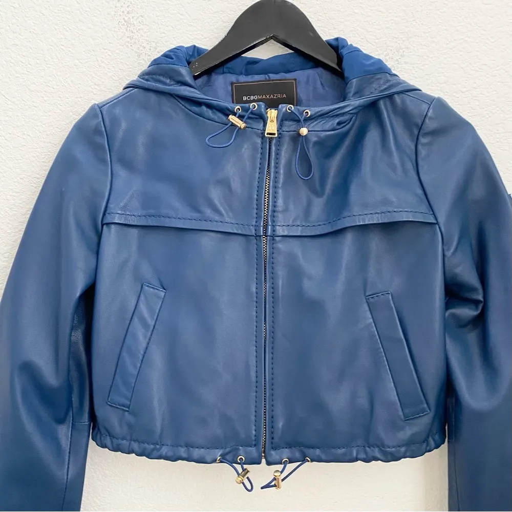 BCBGMaxAzria Blue Cropped Hooded 100% Leather Jacket Size XS - Image 9