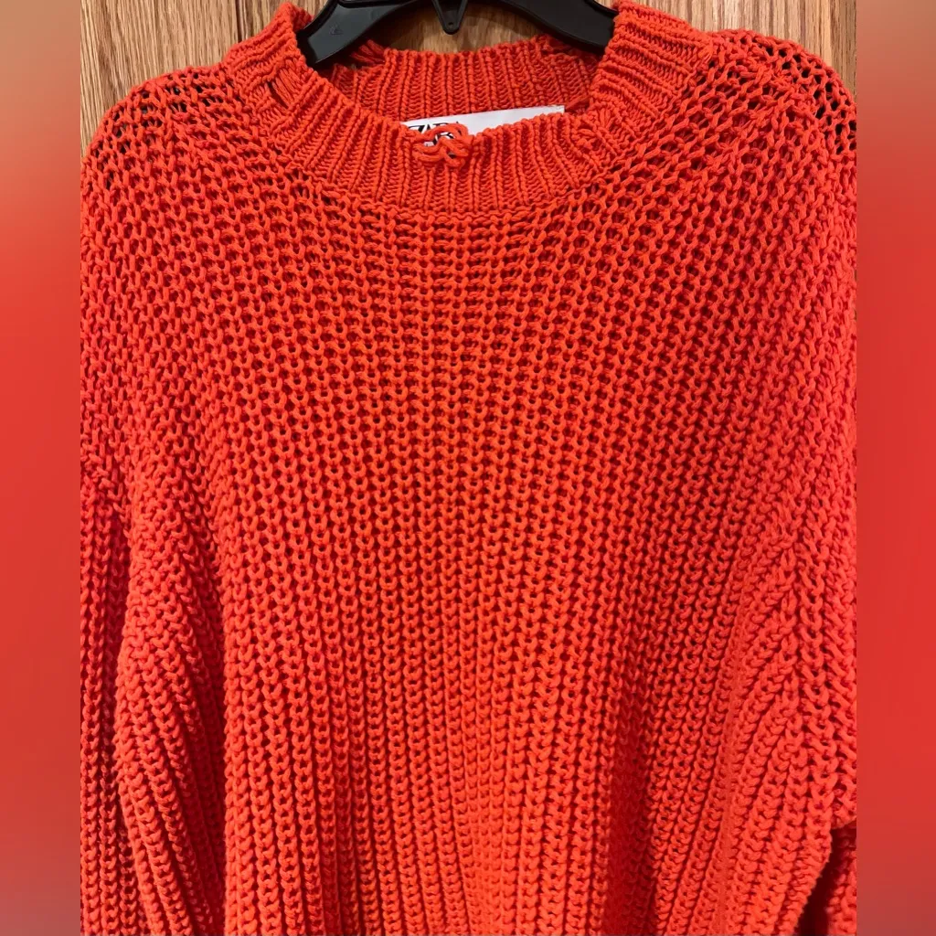 ZARA ‎ Flame Orange Distressed Ripped Oversized Cropped Knit Sweater Size Small - Image 9