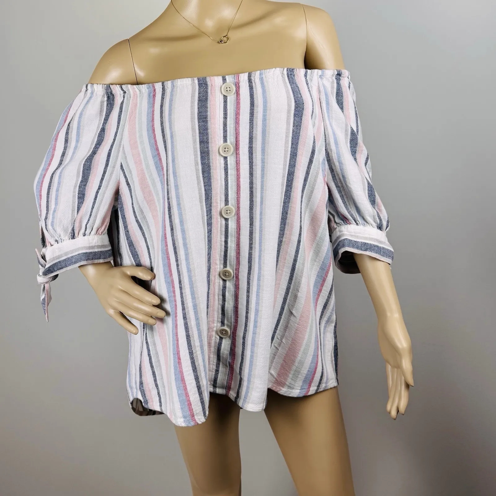 Cato C Est 1946 Women's Sz L Linen Blend Colorful Striped Faux Button‎ Blouse - Image 11