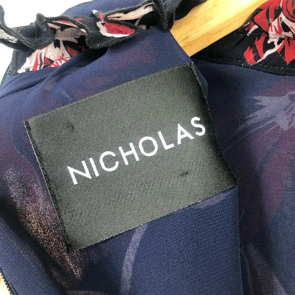 Nicholas French Floral Mini Dress Size 2 Silk Long Sleeve Ruffle Aline High Neck - Image 6