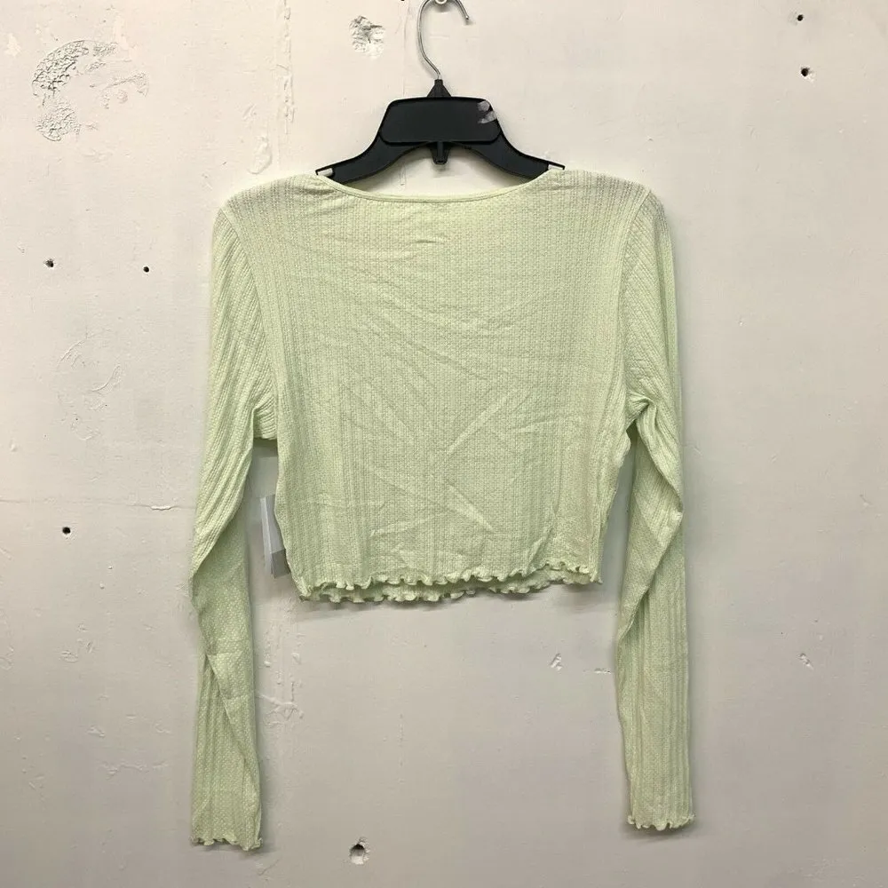 BP Womens Green Scoop Neck Long Sleeve Crop Henley Top - Image 3