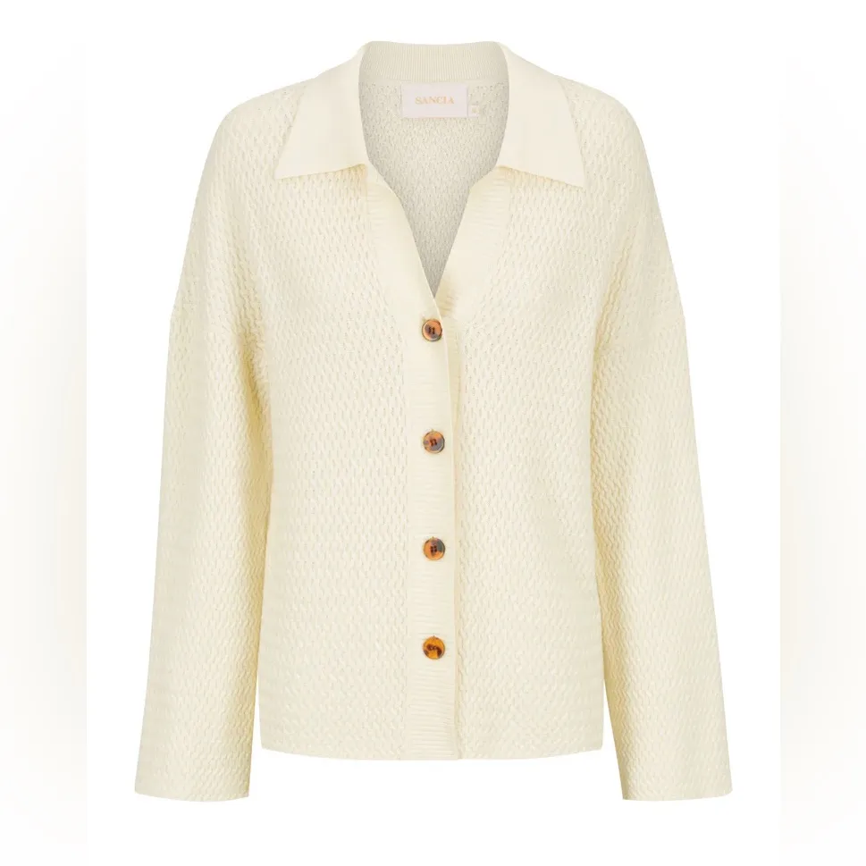 Sancia Elisa Knit Button Down Collared Cream Cardigan Minimalist Sweater Large - Image 4