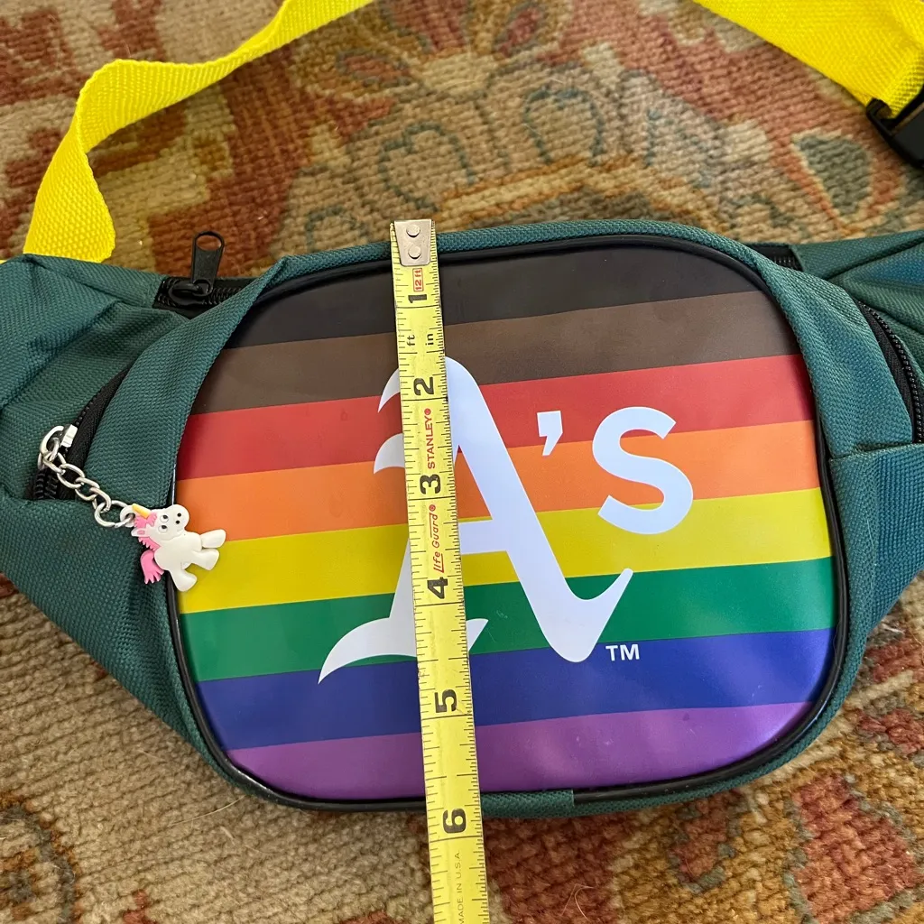 Oakland A’s Rainbow Pride Fanny Pack with Yellow Strap Green - Image 3