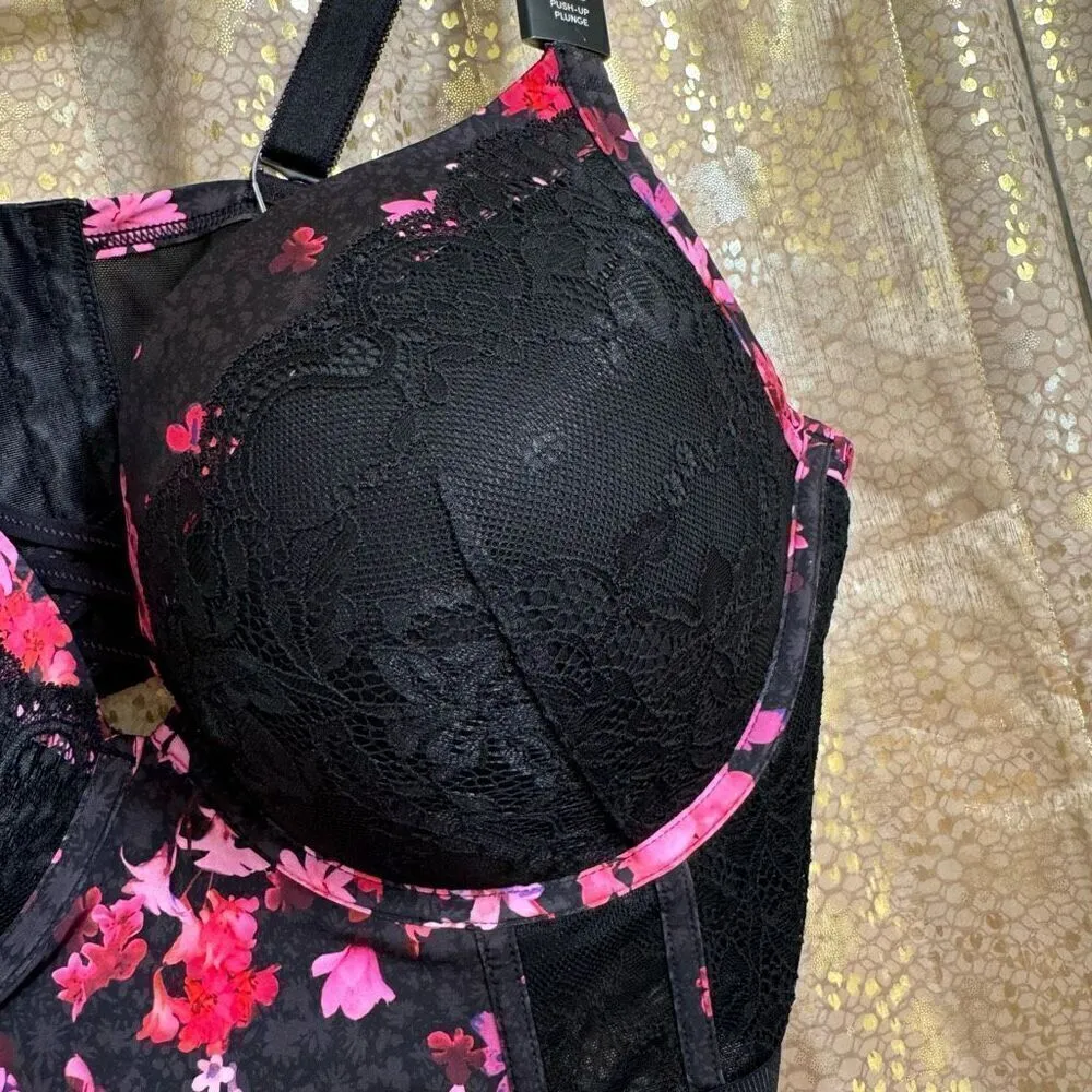 Torrid Black Pink Floral Lace XO Plunge Push-Up Longline Bra 42DD NWT - Image 3