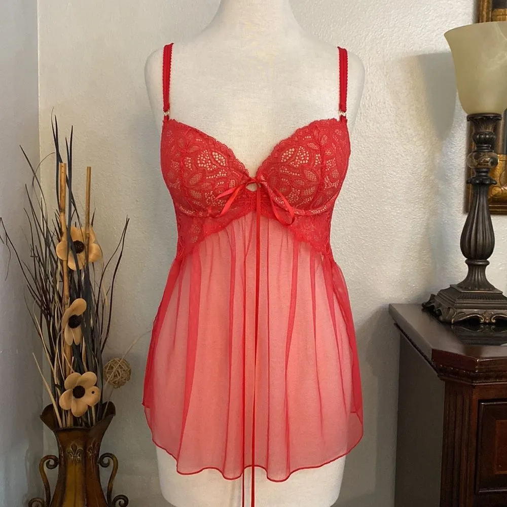 Victoria’s Secret Sheer Red Lace Push Up Baby Doll Slip Size‎ 36C - Image 3