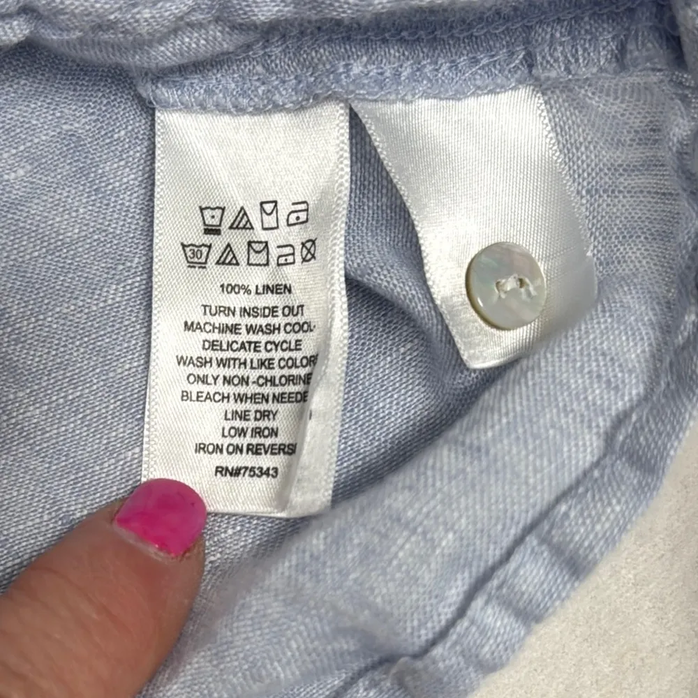 Tahari Blue Linen Blouse Tunic Notched Collar Relaxed Fit V-Neck Career Business - Image 10