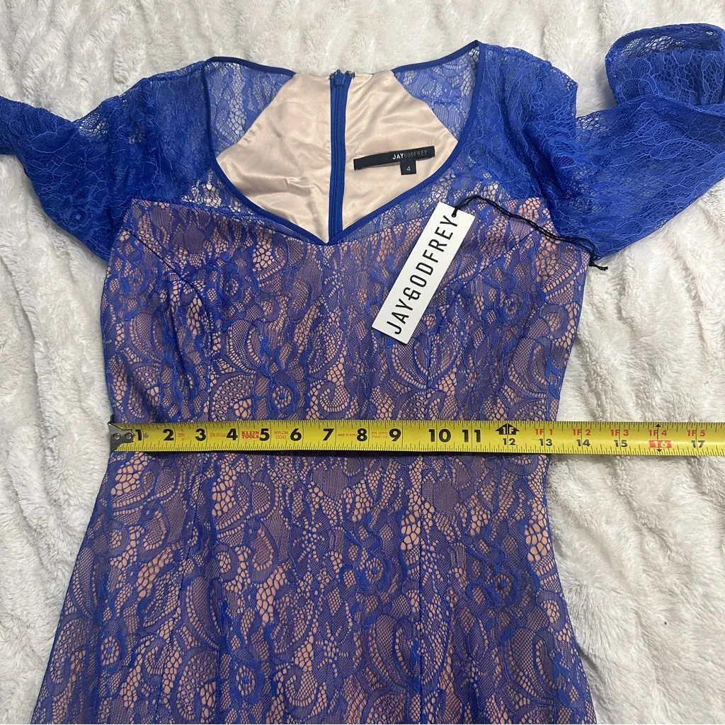 JAYGODFREY Size 4 Blue Lace Sheath Dress Delicate Lace city Wedding Party Club - Image 12
