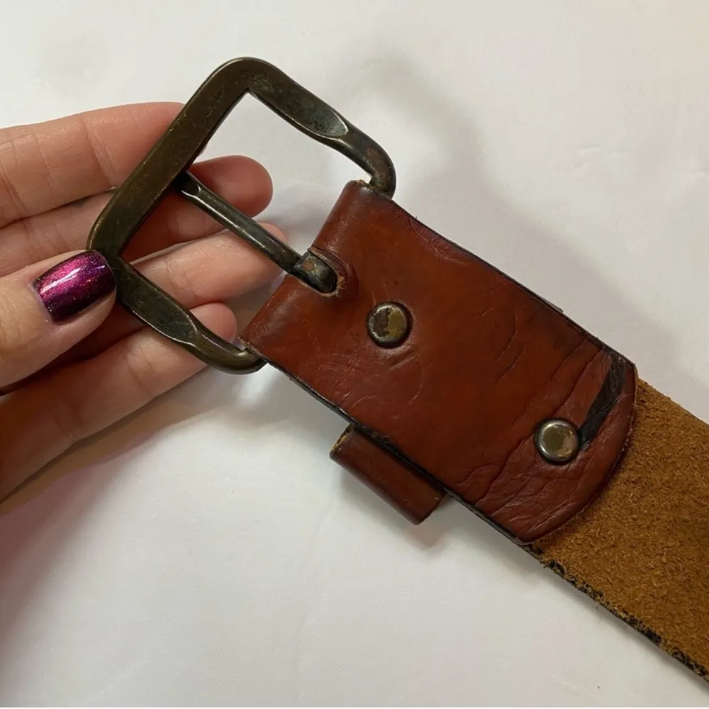 Vintage Wide Leather Belt with Brass Buckle & Chain Detail Brown - Image 6