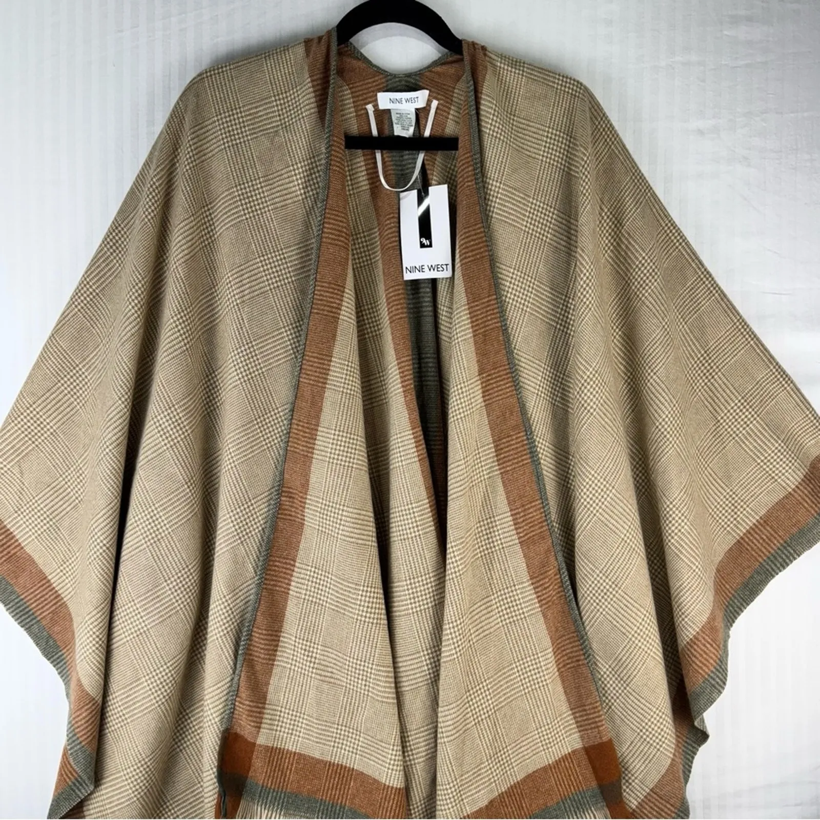 Nine West Women’s Soft Woven Wrap Fringe Trim Plaid Border Western Coastal - Image 2