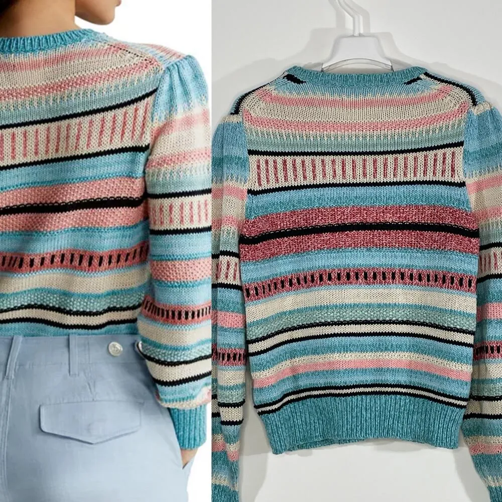 Polo Ralph Lauren Striped Teal Multi Crew Neck Knit Sweater Size Medium Pullover - Image 3
