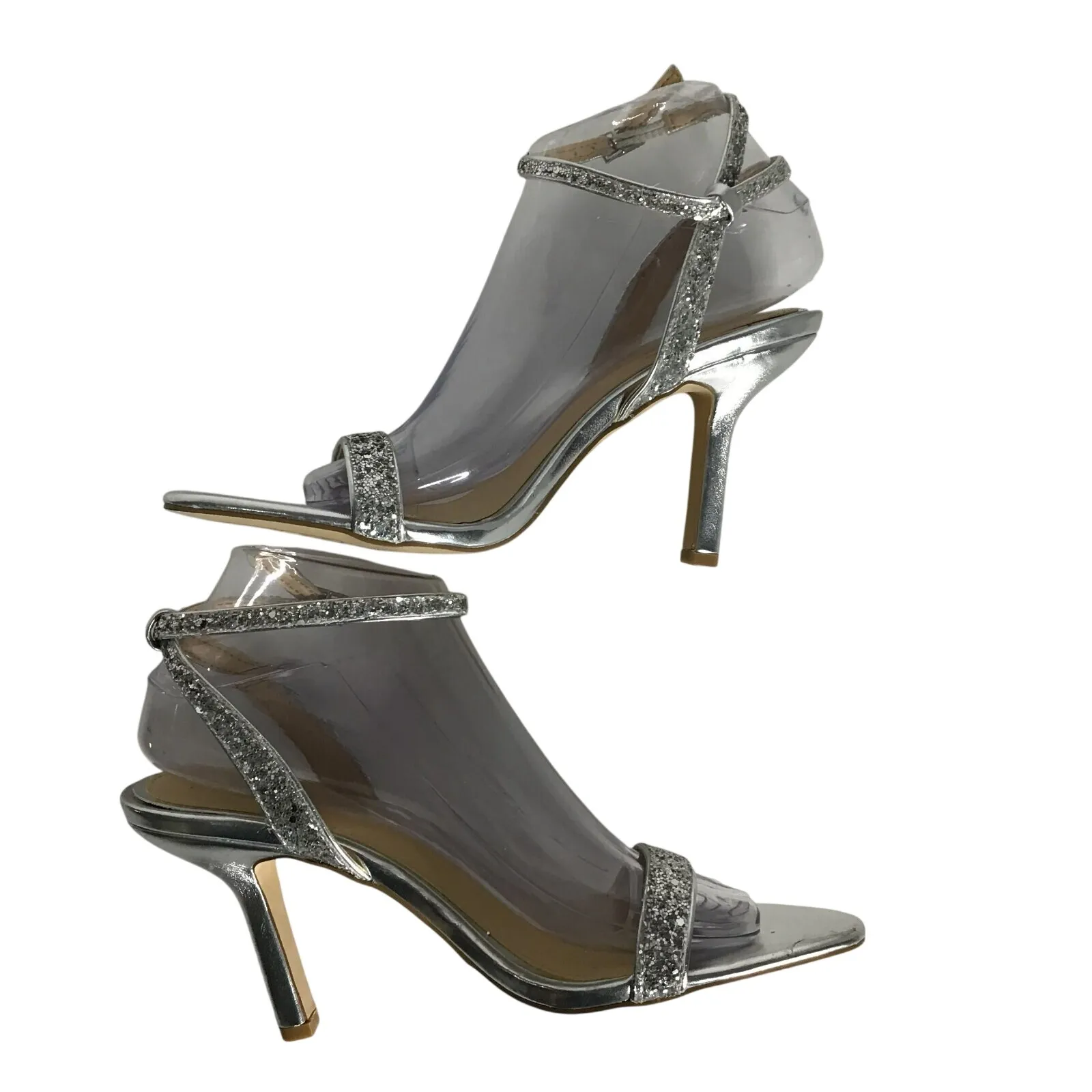 Jewel Bagley Mischka Womens Silver Sling Back‎ Stiletto Sexy Sandal Size 8.5 - Image 6