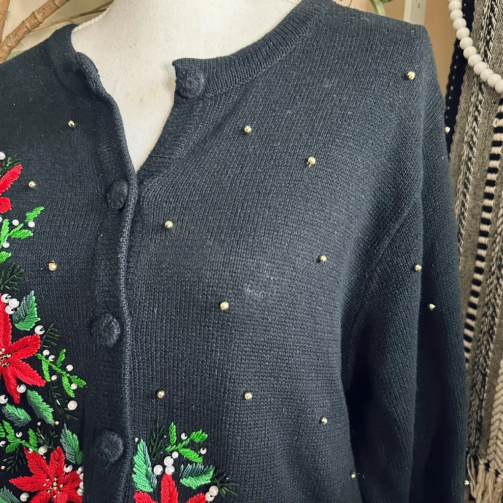 Vintage DonnKenny Black Pearl Studded Embroidered Poinsettia Christmas Cardigan Size L - Image 6