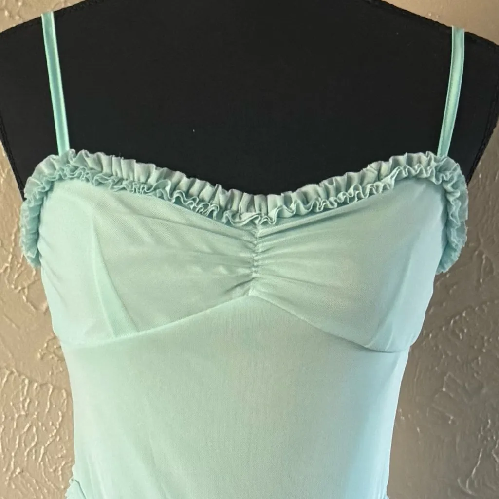 🫧Vivianixa Spaghetti Strap Mesh Dress with Ruffle Front Slit🫧 ~Medium NWOT Green - Image 4
