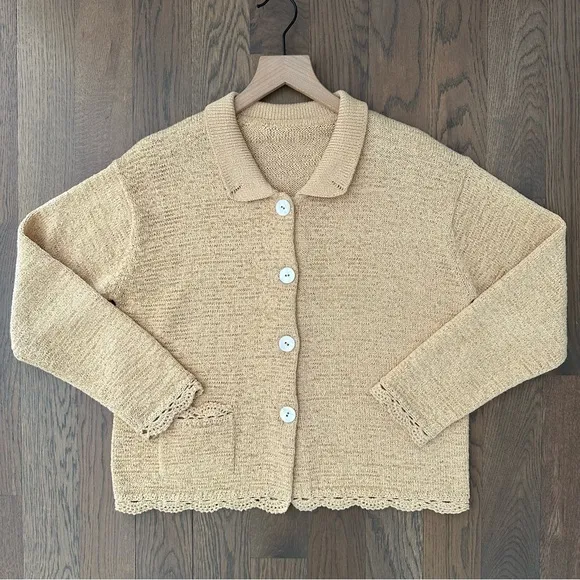 St. John Knit Button Front Cardigan Sweater with Crochet Trim in Yellow Medium - Image 1
