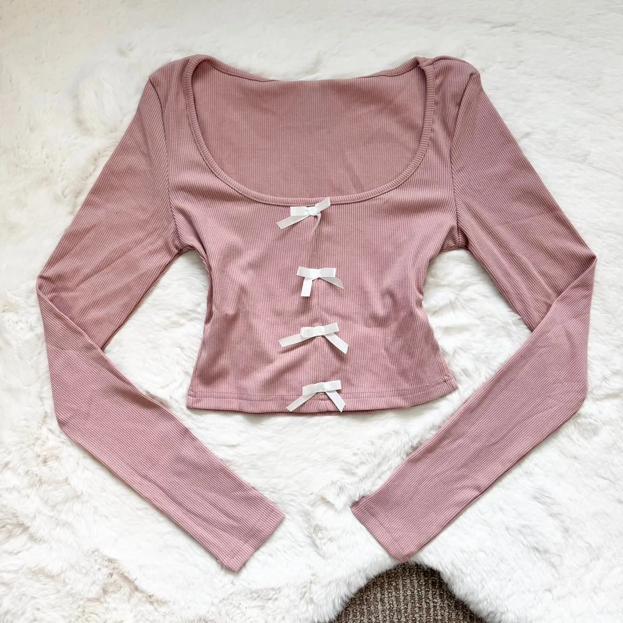 Dazy Pink dainty bow long sleeve ribbed top Size XS - Image 2