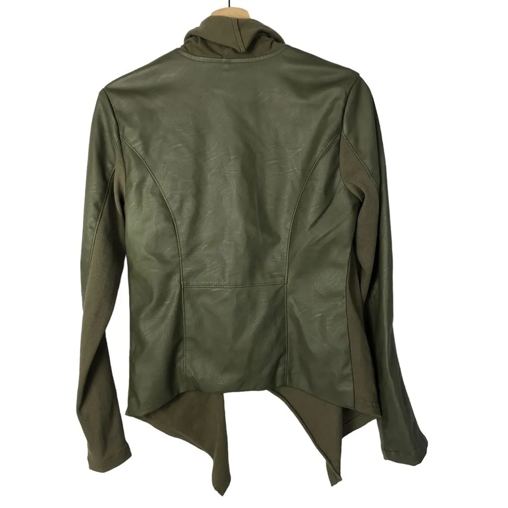 BlankNYC Olive Green Drape Front Faux Leather Moto Jacket S - Image 3