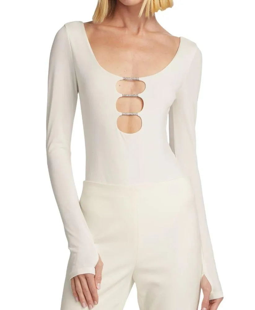 Alice + Olivia Kalena Cut-Out Bodysuit Ecru Women’s Sz L - Image 12