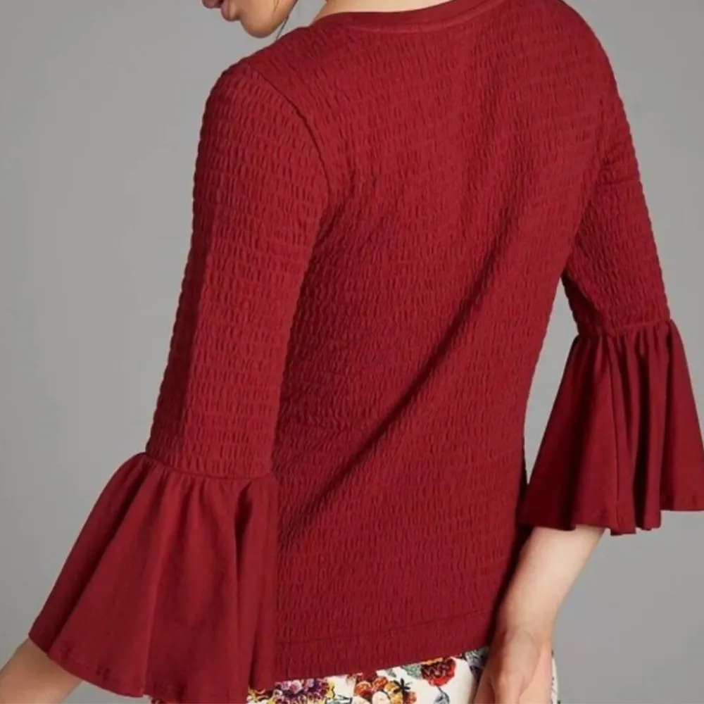 Anthropologie Smocked Bell-Sleeve Top Shirt Blouse Wine Red Burgundy Medium - Image 3