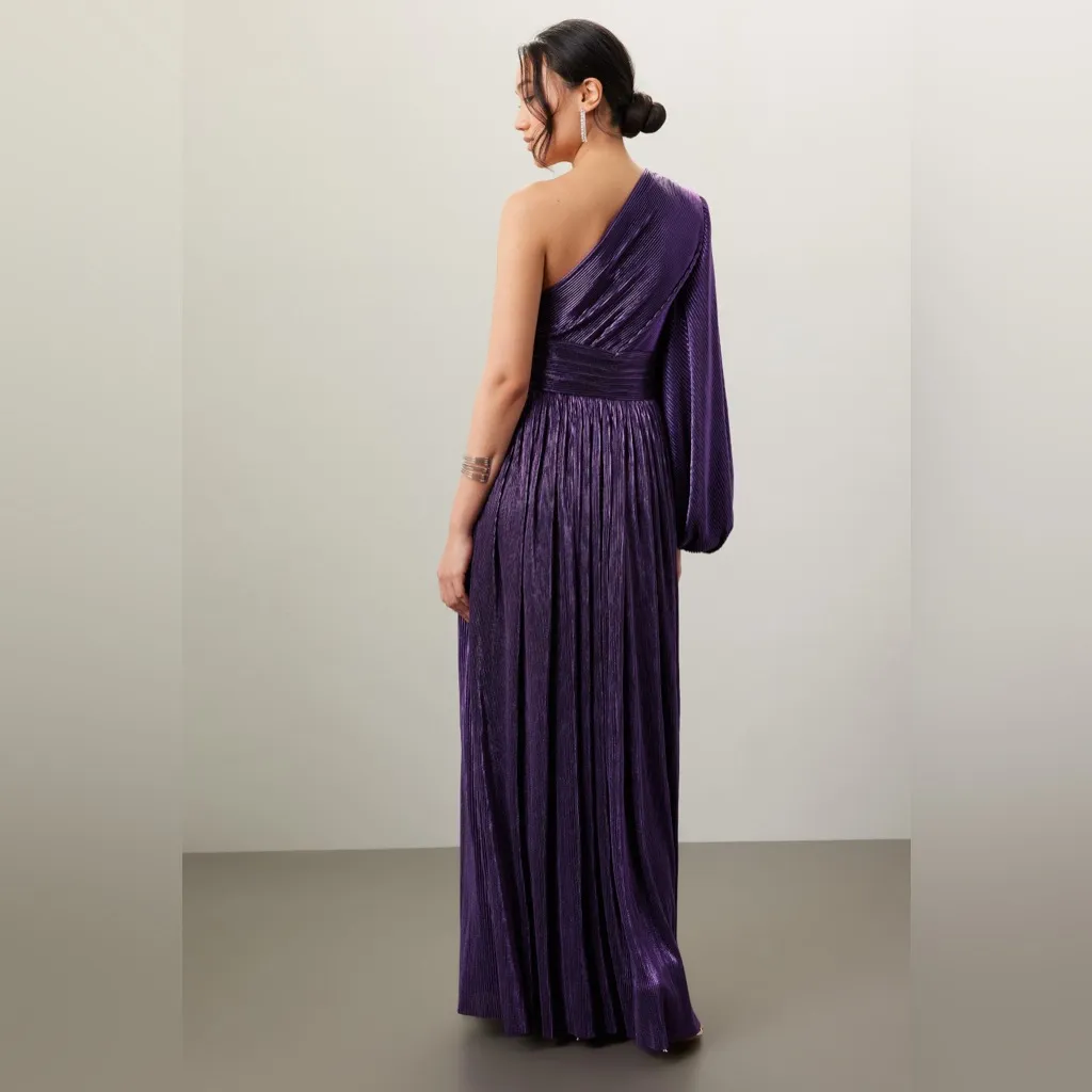 Bronx and Banco‎ Florence Pleated One Shoulder Slit Gown Maxi Dress Purple M - Image 3