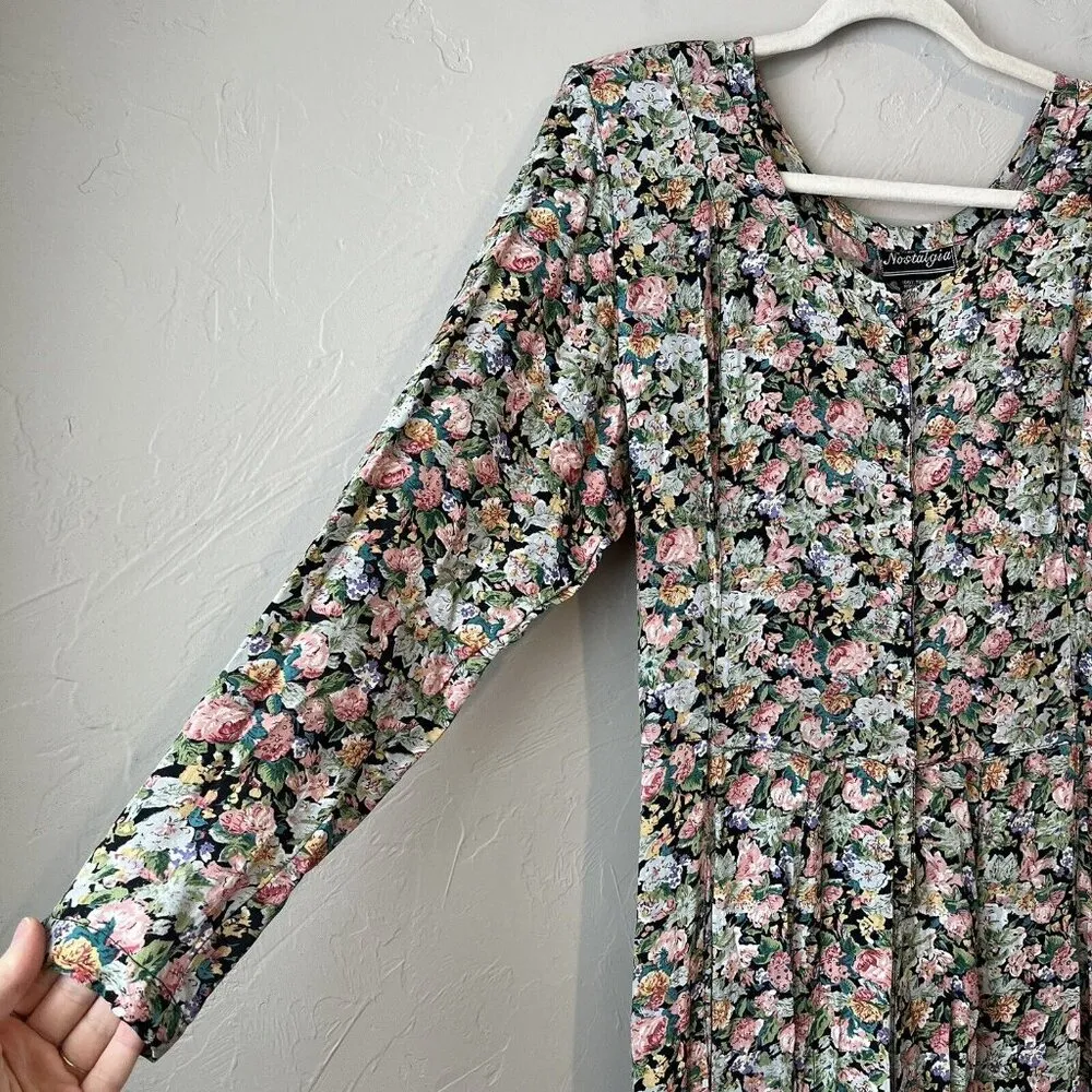 vintage nostalgia dress Floral Maxi Cottage Pleated 90s 80s‎ Coquette Feminine M Green Size M - Image 5