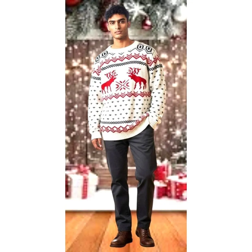 v28 Ugly Christmas Reindeer Sweater Unisex Large Winter Merry Holiday Festive White Size undefined - Image 2