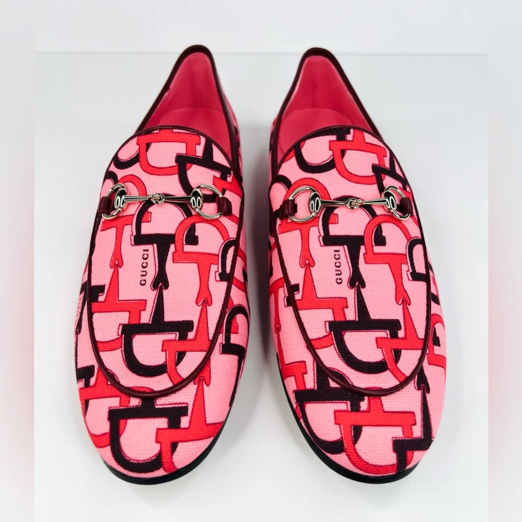 Gucci Jordaan Horsebit Logo Print Pink Fabric Flat Barbie Loafers Size EU 40 - Image 5