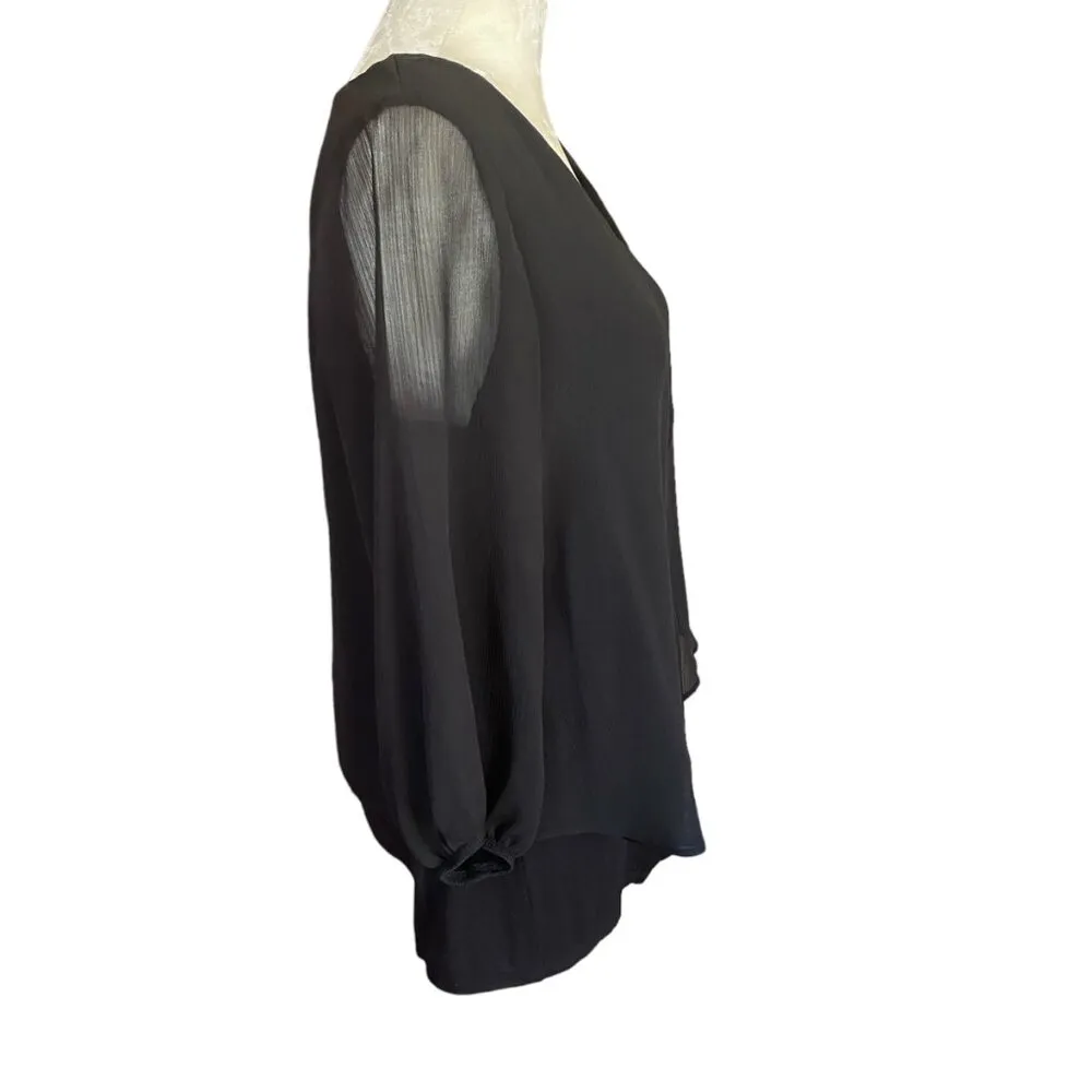 women's black v-neck long sleeve pullover blouse tank style sheer overlay - Image 3