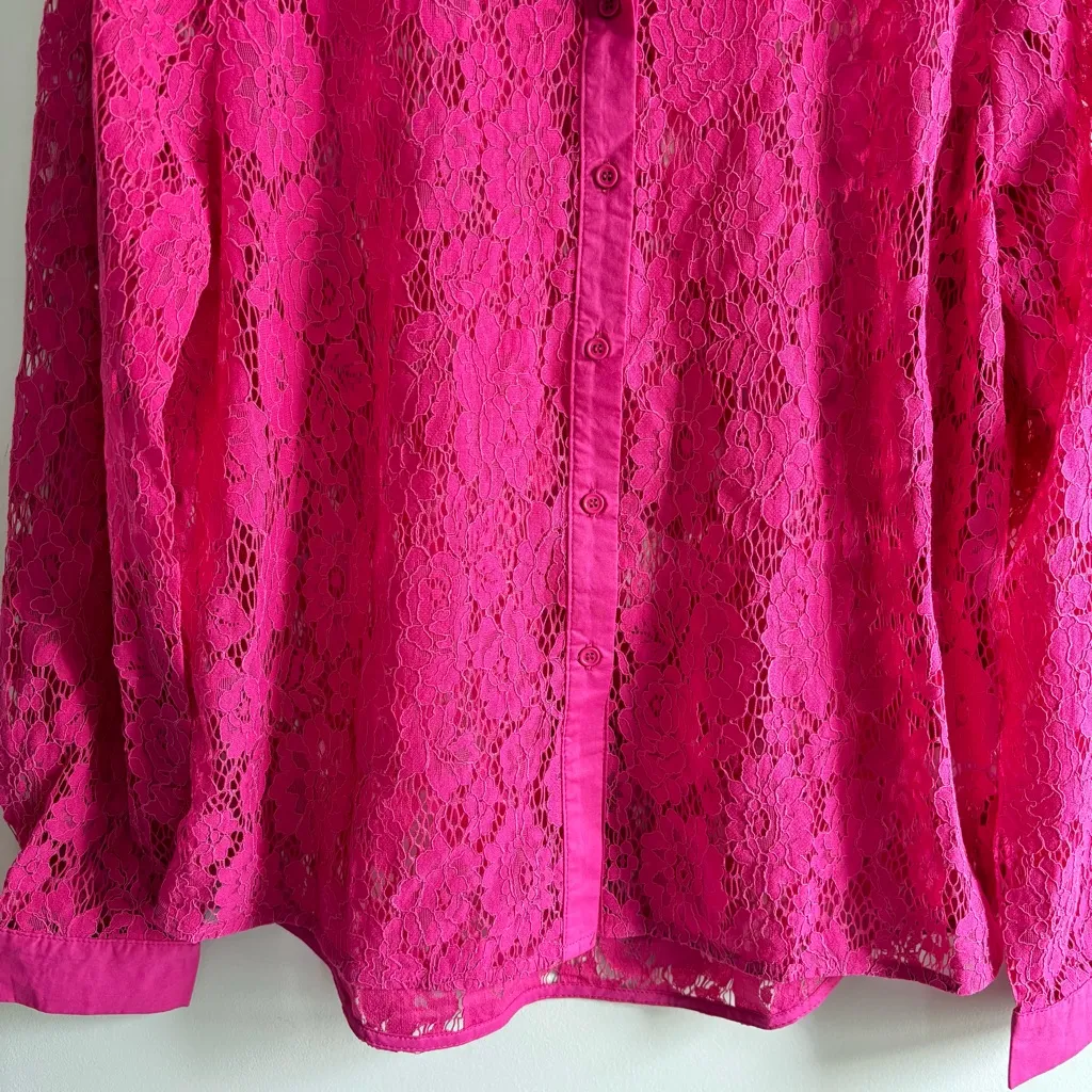 Saks Fifth Avenue Womens Pink Lace Sheer size L Long Sleeve Button Floral Mesh - Image 4