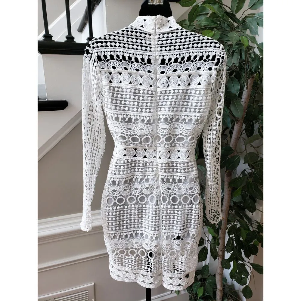 Bolaiya Sheath Dress Womens Small White Hollow Out Lace Long Sleeve Mock Neck - Image 4