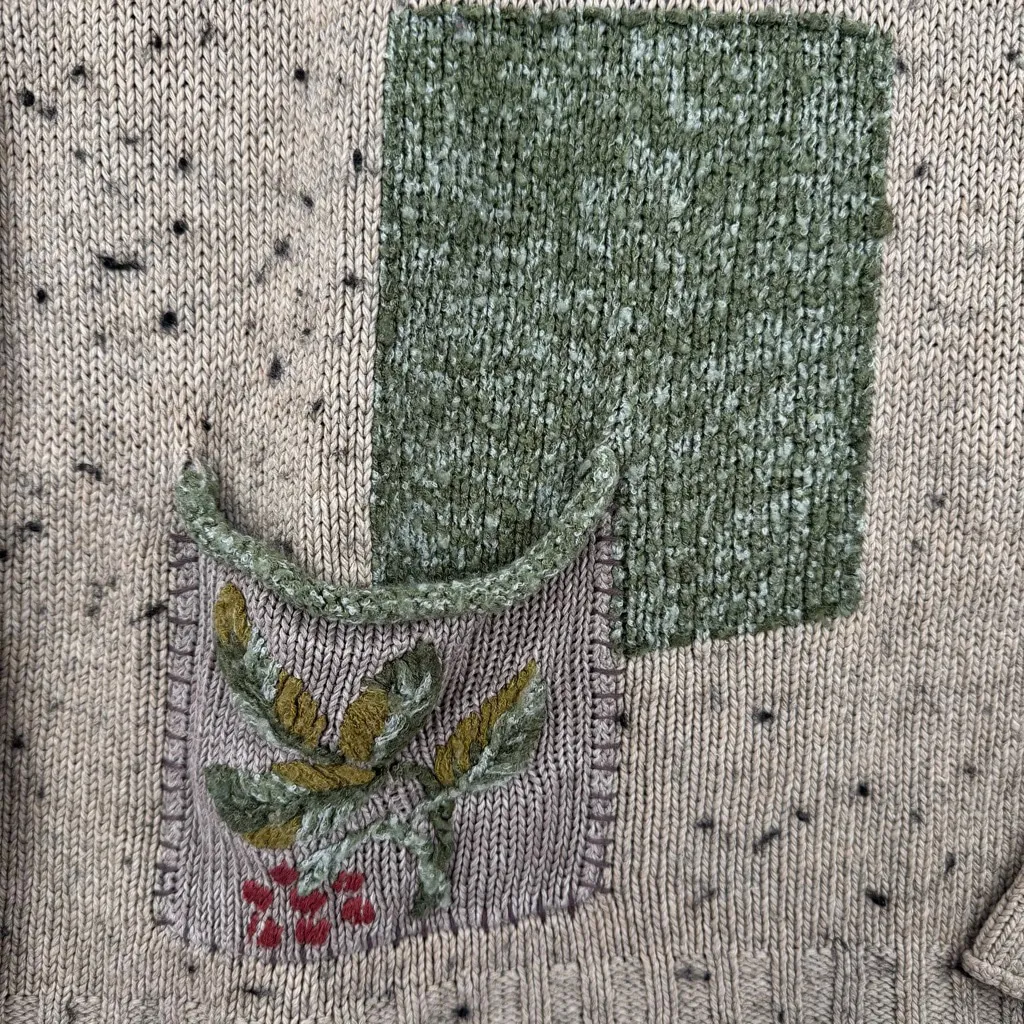 Vintage Y2K Patchwork Sweater Embroidered Fall Leaves Pocket Rolled Edge J Jill Tan Size M - Image 4