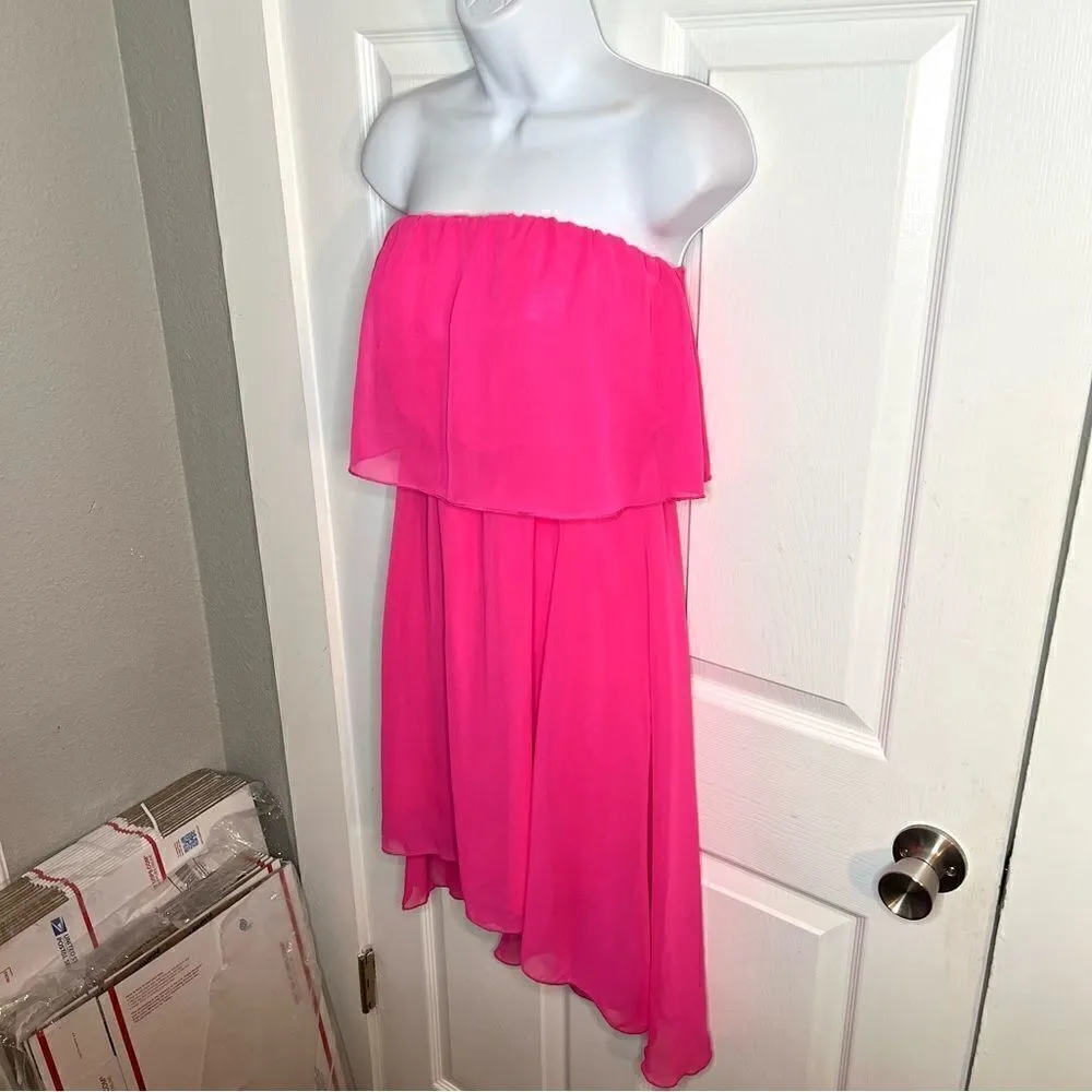 Nymphe Strapless Hi Lo Hem Chiffon Mini Dress Hot Pink S NWT - Image 4