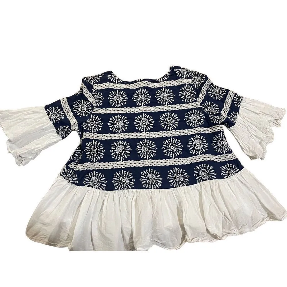Velzera navy blue & white embroidered eyelet blouse with ruffle bottom hem & sle - Image 2